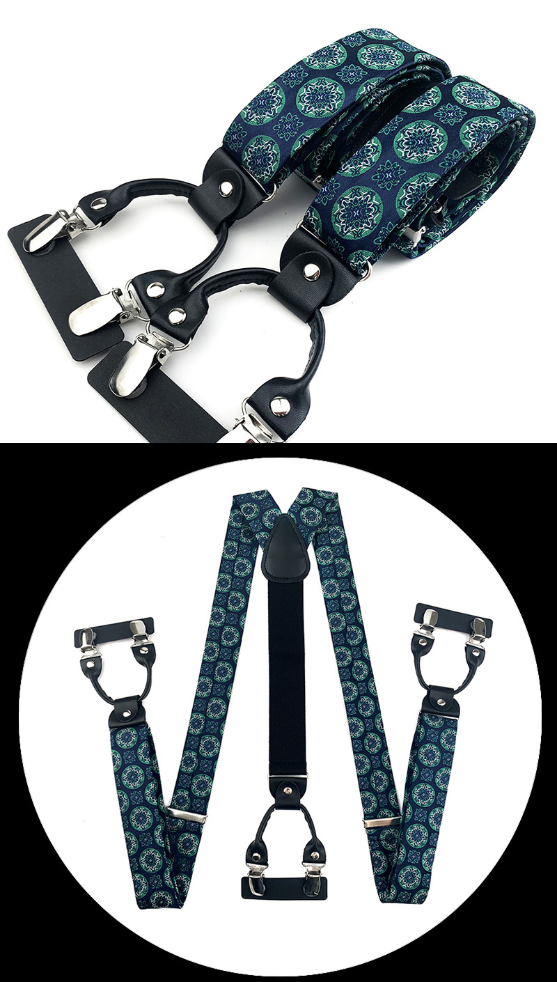 VEEKTIE Brand Suspender For Men 6 Snap Hooks Y-back Adjustable Jacquard Floral Check Shirts Paisley Yellow Blue Vintage Retro