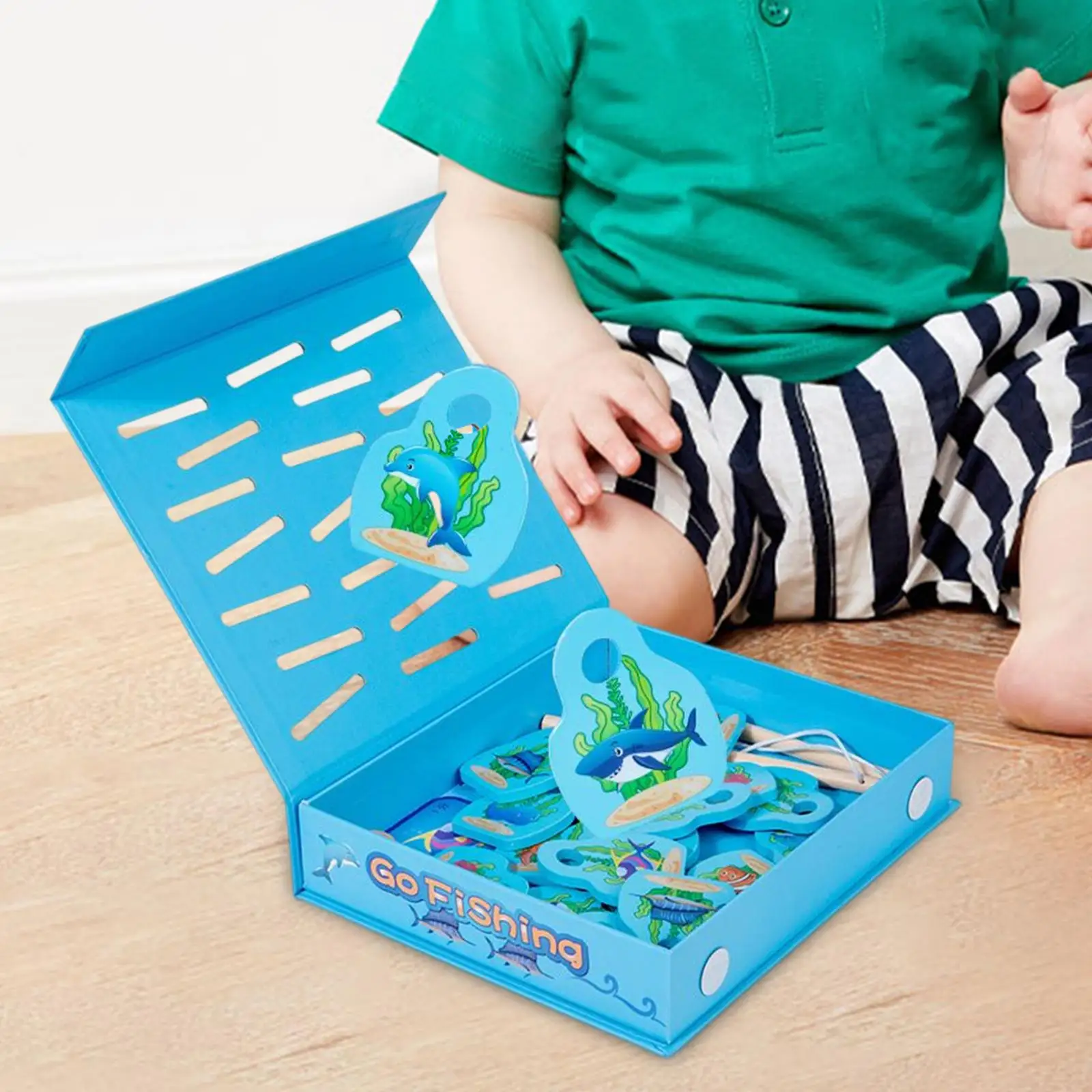 Wooden Fishing Game Toy Set with 10 Aquatic Creatures Pool Fishing Games for Kids Boys Girls