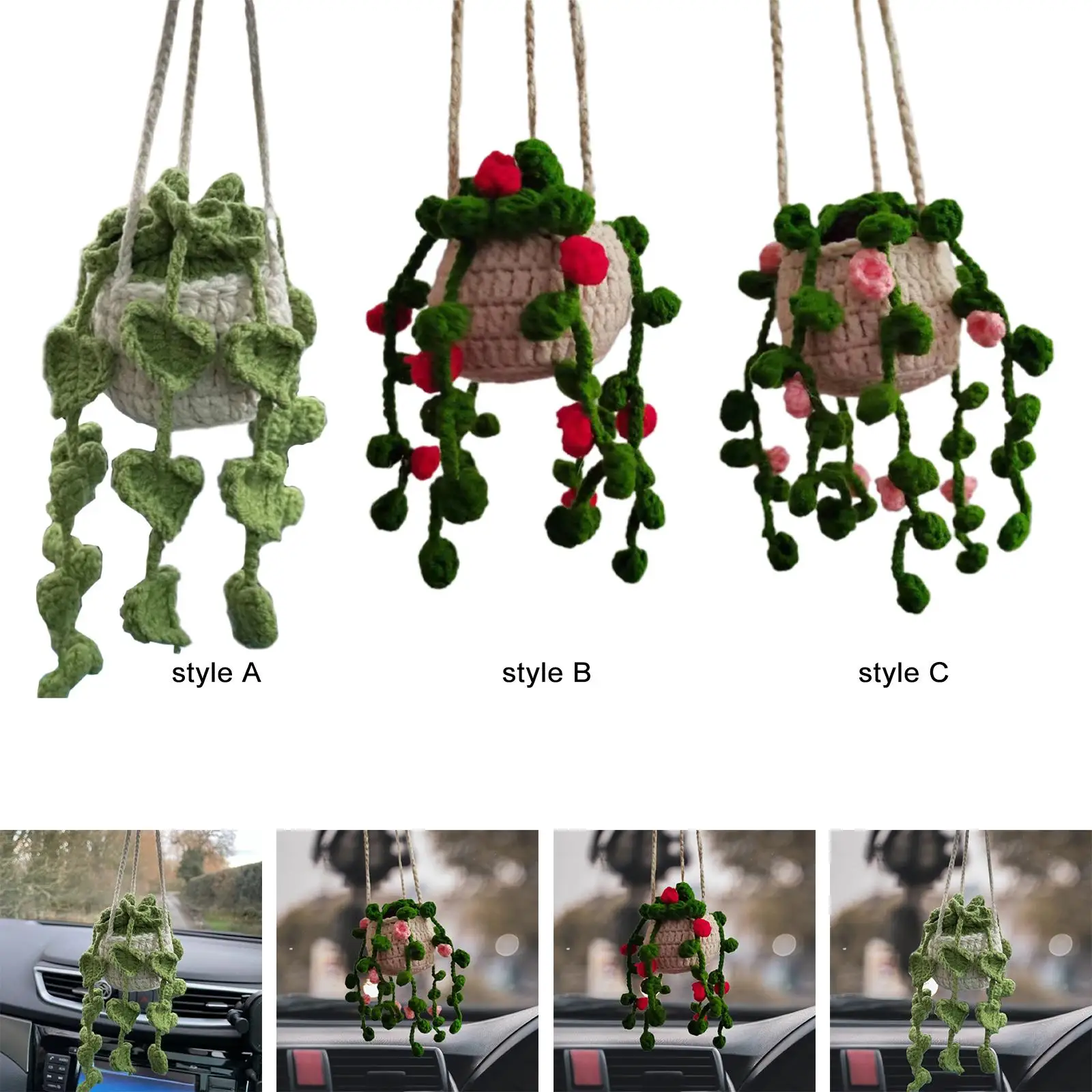Car Mirror Hanging Accessories Rear View Mirror Accessories Funny Handmade Knitted Boho Birthday Gifts Cute Potted Plants Decor
