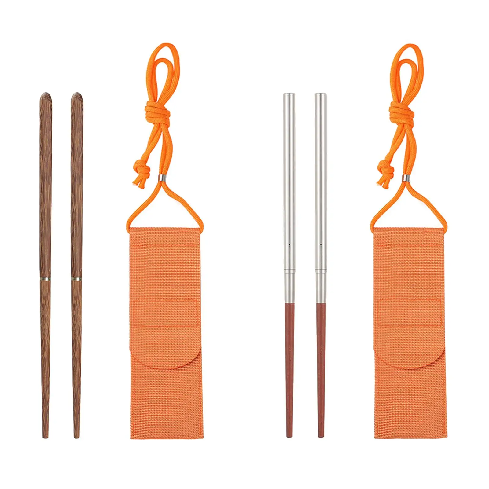 Screw-on / Separate Stainless Steel Wooden Chopsticks Reusable Travel Foldable Chopsticks with Pouch