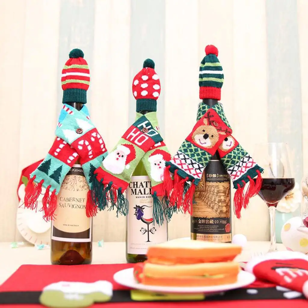 Set of Knitted Scarf & Hat Christmas Wine Bottle Covers Home XMAS Decoration
