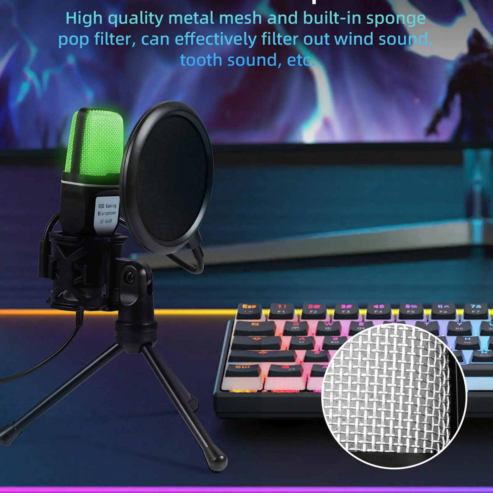 Condenser Microphone Noise Reduction RGB Lighting for Video Recording Music