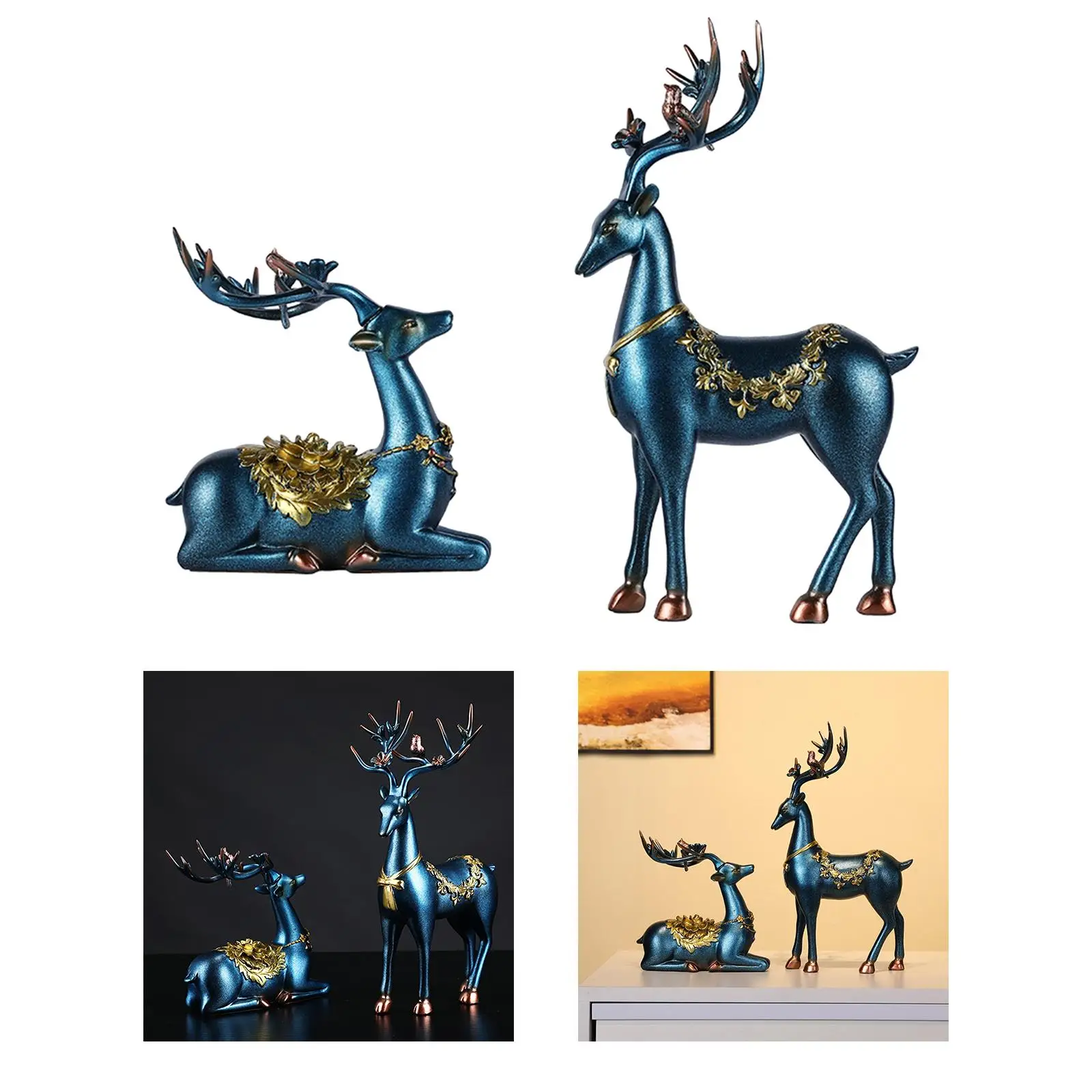 2x Deer Figurines Reindeer Sculptures Ornament Animal Couple Elk Statues
