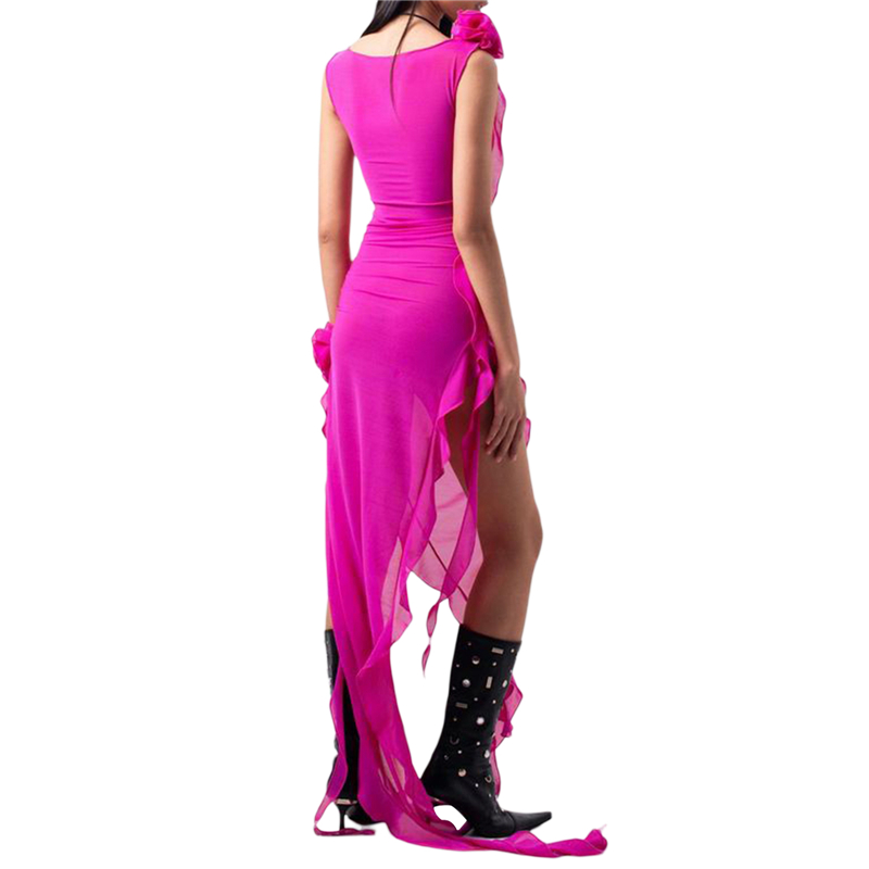 Ruffle Dresses for Women Solid Color Sleeveless Irregular Hem Long Dresses See Through Sheer Dress with 3D Flower