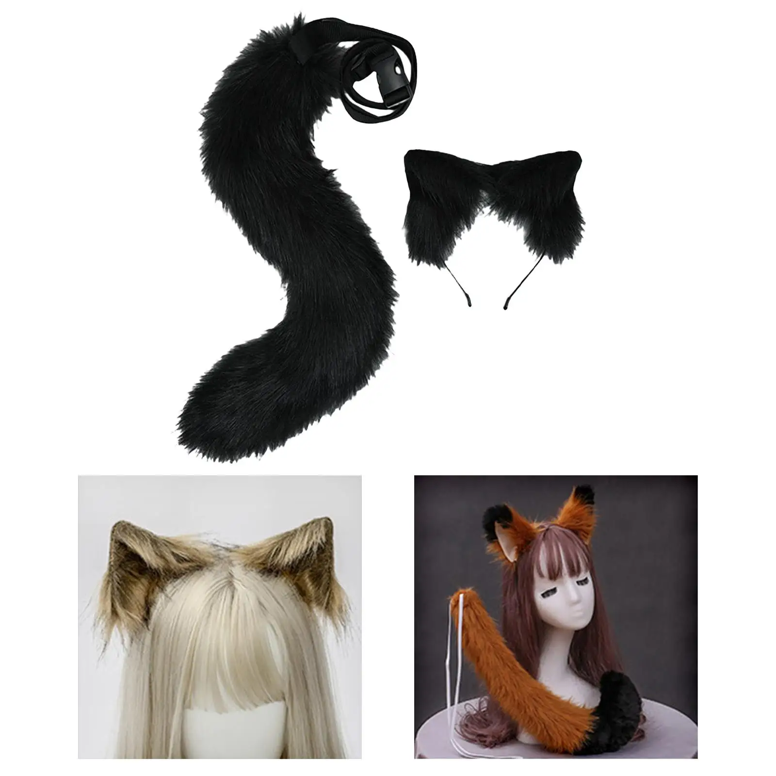 2x Faux Fur Animal Fox Ears Headband & Tail Costume Kit Anime Cosplay Plush Fox Ears and Tail Set Halloween Fancy Dress Prop