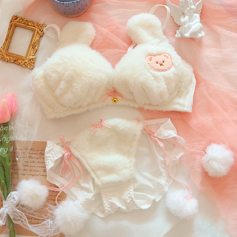 Japanischen Plüsch Unterwäsche Nette Bär Plüsch Drahtlose Lolita Mädchen Bh Winter Warme Sammeln Push Up Bh und Panty Dessous Set bralette – Detail 1