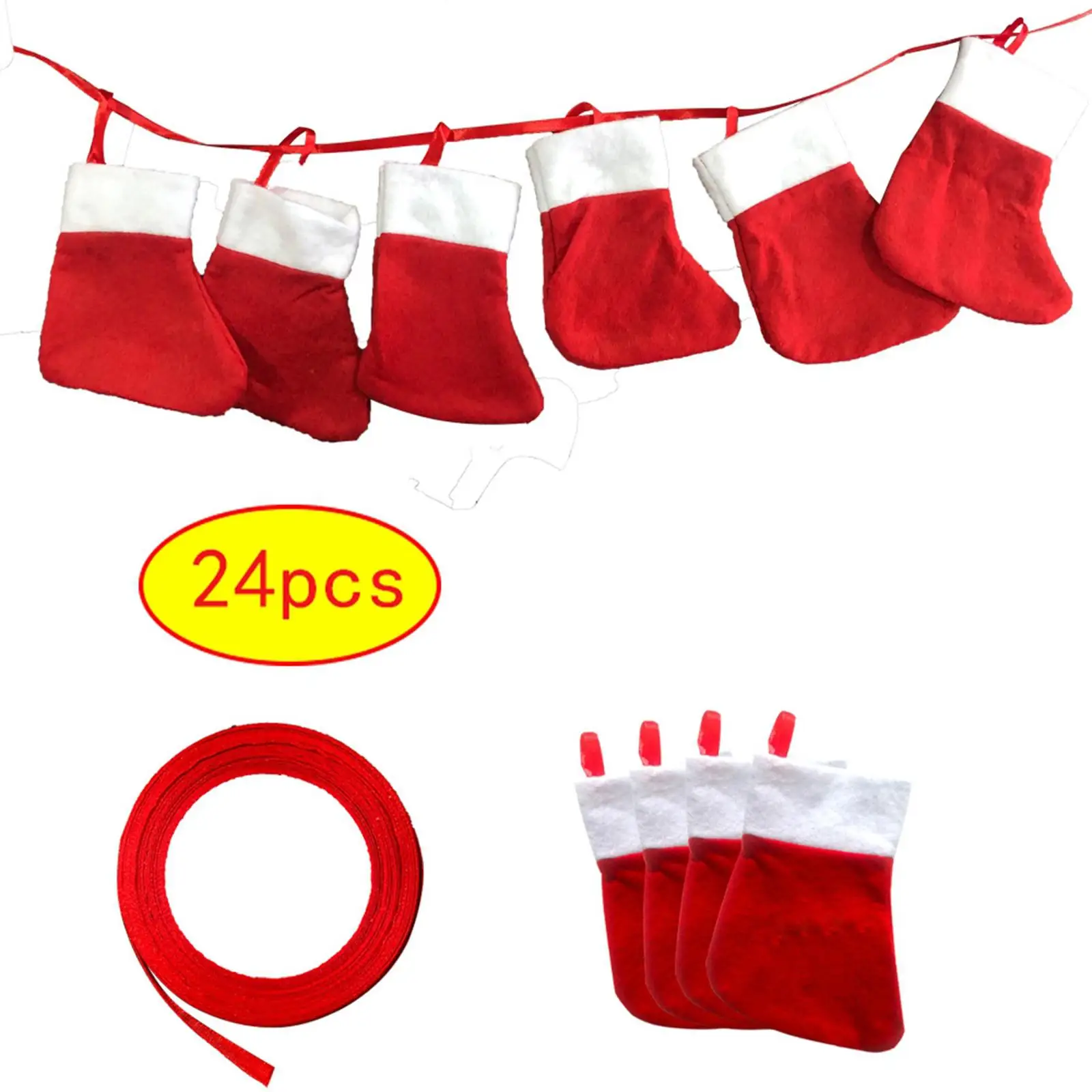24Pcs Advent Calendar Bags Decorative 22M Ribbons with Stickers DIY Christmas Gift Bags Socks for Kids Adult Wall Hanging Xmas
