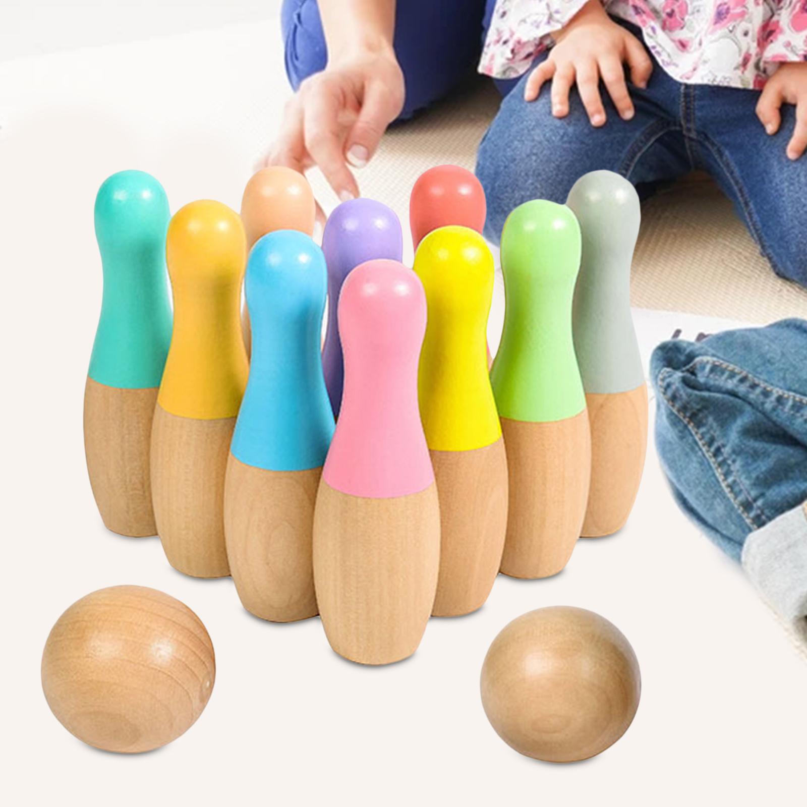 Children Wooden Bowling Game Skittle Ball for 3 4 5 6 Year Old with 10 Bowling Pins & 2 Balls Educational Classic ,Durable Build