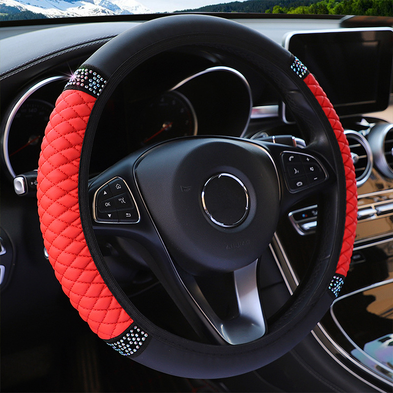Four Seasons Universal Car Steering Wheel Cover 37-38cm Leather Embroidered Color Diamond-Studded Elastic Steering Wheel Cover