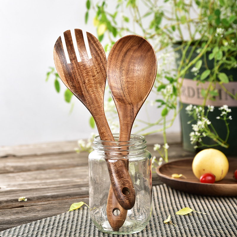 Description Picture 3 of itemCooking Spoon and Fork Set Japanese-style Wooden  Salad  Pasta   Log    Utensils Suit