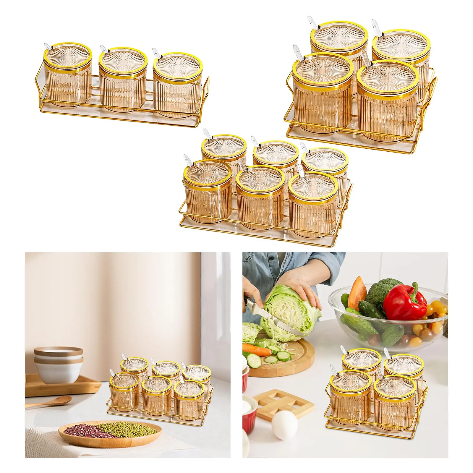 Condiment Jar, Kitchen Organizer with Lids and Spoons Salt Containers Food Storage Condiment Canisters Pots, Seasoning Jars,