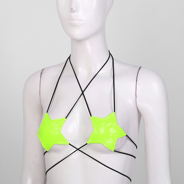 Womens Bikini Swimsuit Bra Tops Halter Neck Strappy Wrap Around Star Shape  Bralette Wet Look Patent