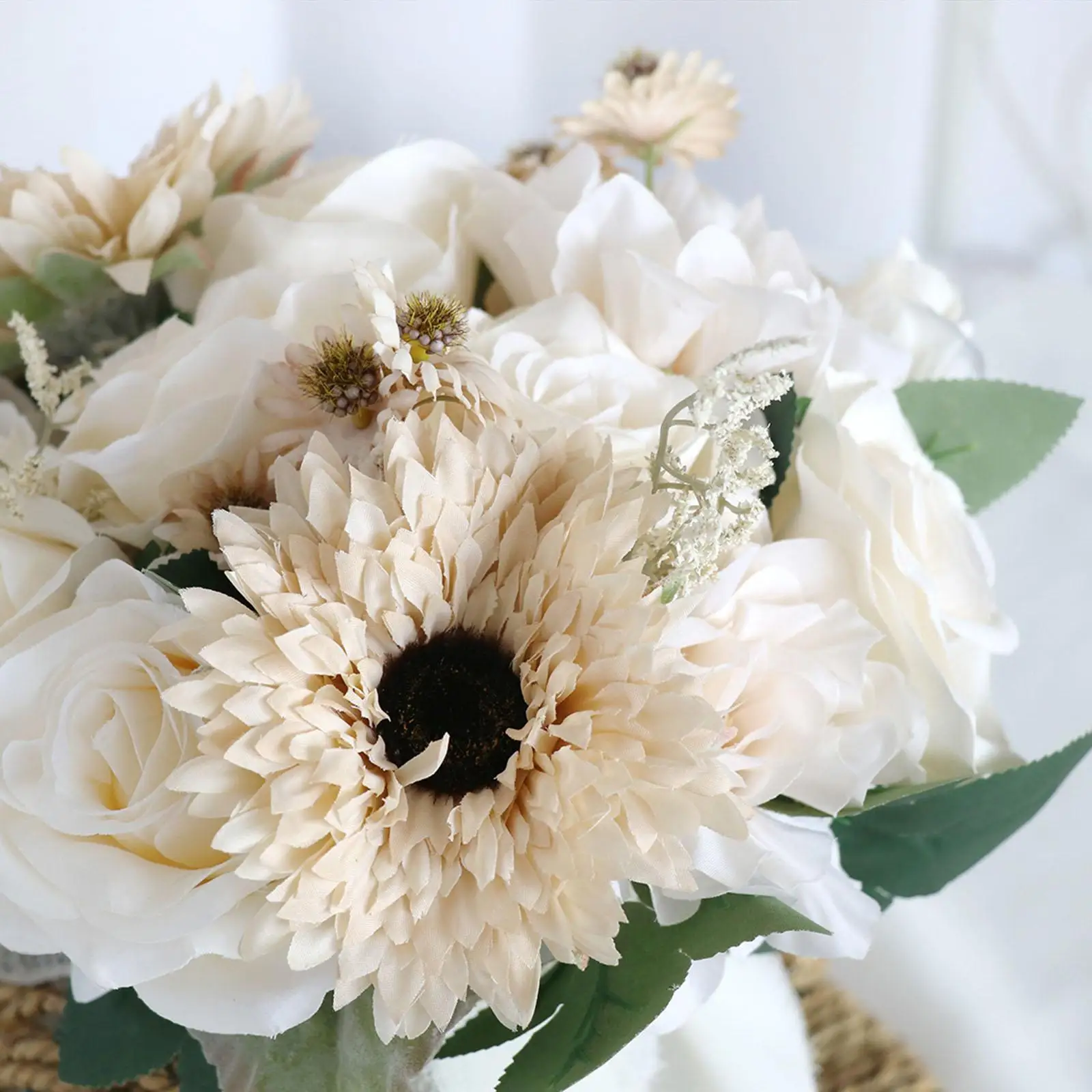 Romantic Bridal Bouquets Cream Color Rose, Sunflowers, Daisy and Leaves Artificial Flowers for Wedding Church Bridal Shower