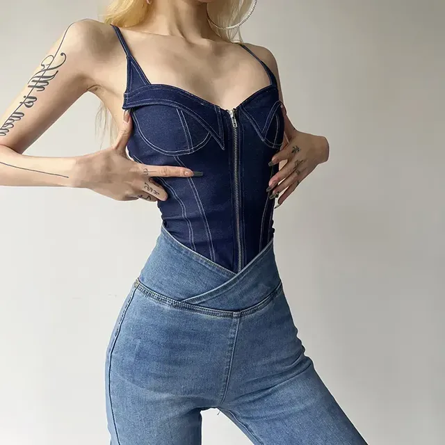 Denim Bodysuit Long Sleeve Off Shoulder 58