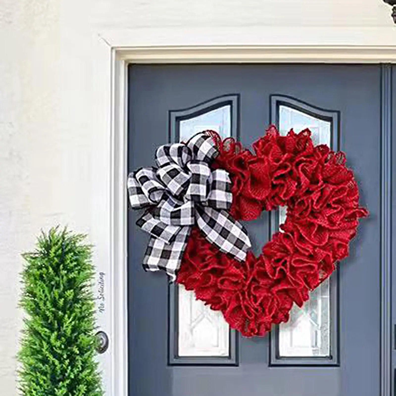 Red Heart Shaped Wreath 5.7in Plaid Bowknot Front Door Artificial Garland for Home Farmhouse Decoration