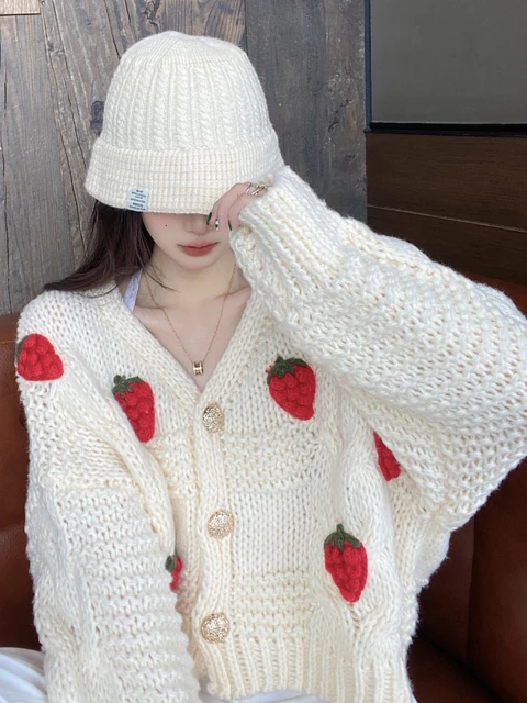 Gagarich Knitted Cardigan Woman 2022 Sweet Strawberry Sweet Thick Coat  Autumn Winter Loose Long Sleeve V-neck Girl Sweater Top