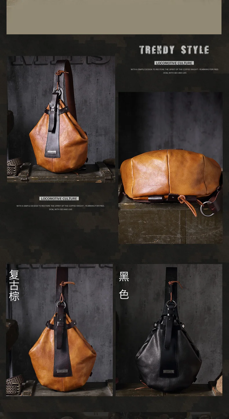 Hanmiis Water Drop Bag Triangle Chest Bag B6 Paratrooper Military Style First Layer Cowhide Messenger Bag Genuine Leather Retro