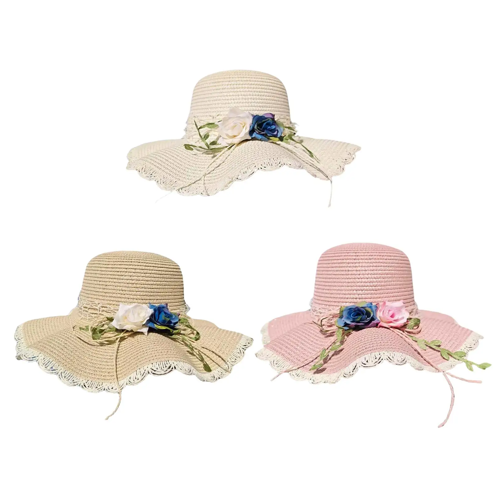 Straw Hats Women Wide Brim with Rose Embellishments Portable Women Hats Summer Sun Protection for Short Trips Festivals Gift