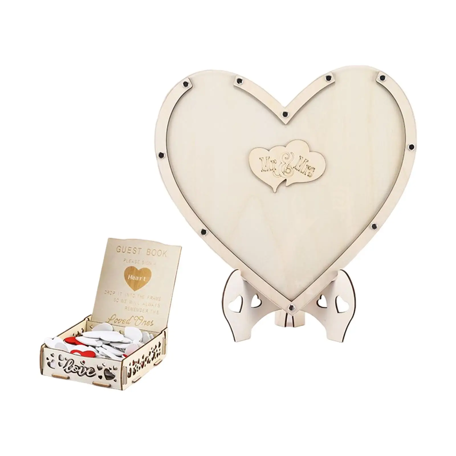 3D Wedding Guest Book Heart Shaped Wooden Frame W/ 80 Chips Drop Box for Birthday Party