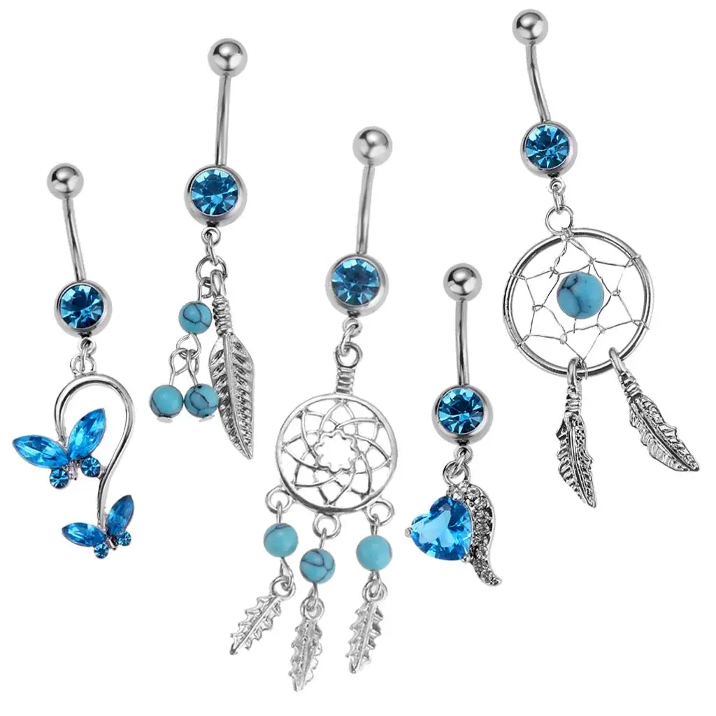 Prettyia 5pcs Blue Rhinestone Dreamcatcher Butterfly Dangle Navel Bar