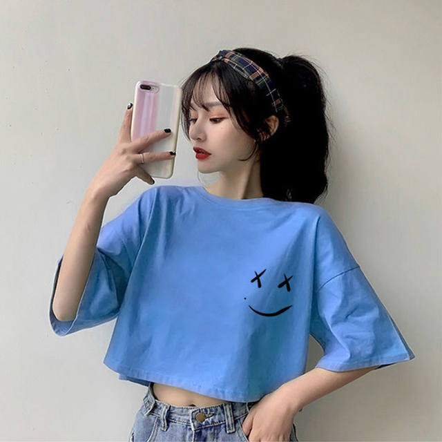 Short Sleeve T-shirts Women Crop Top Cartoon Printed Loose Slender  All-match Street Wear Korean Girls New Fashion Casual Chic