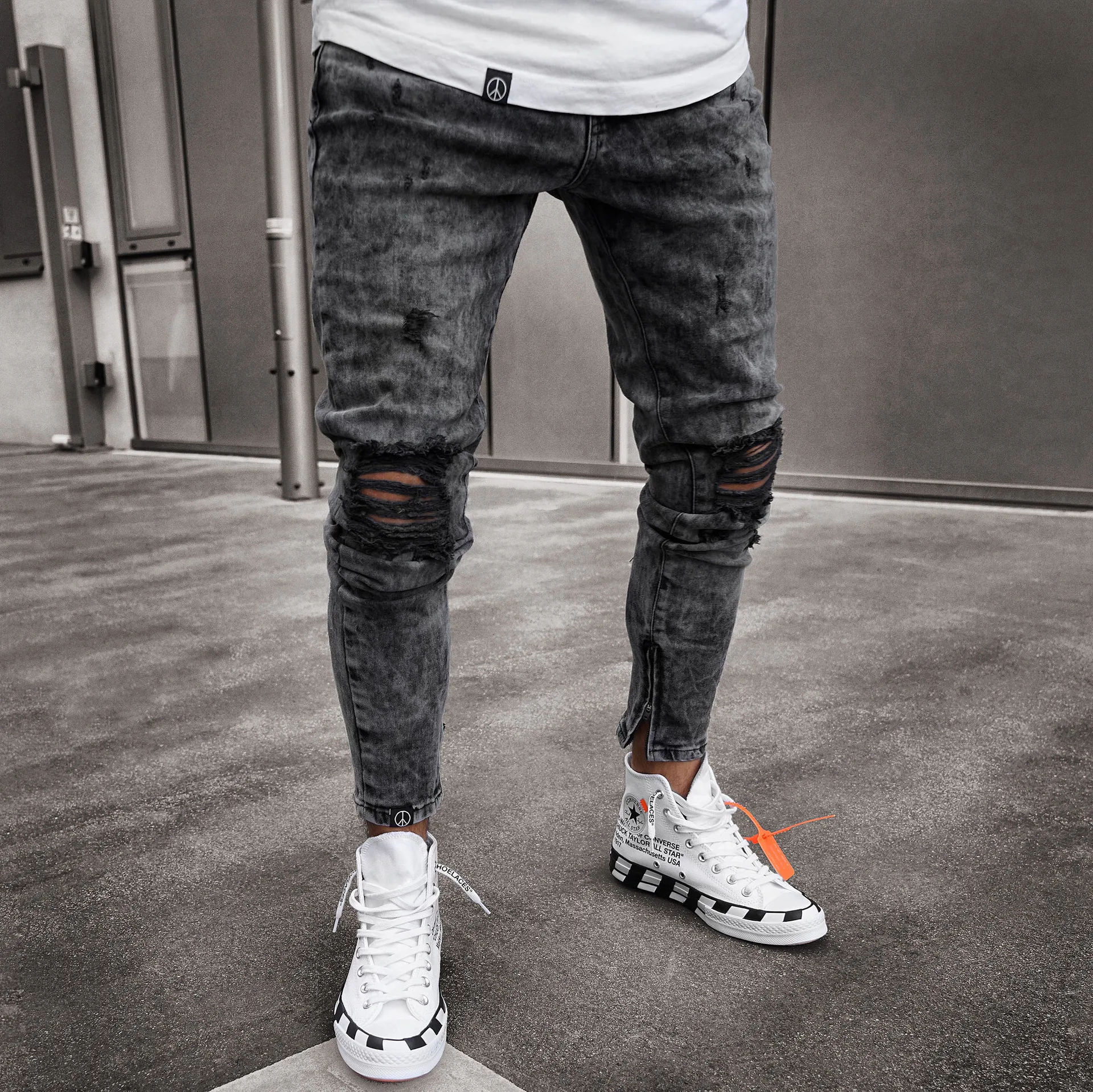 Cross-Border European and American New Men's Skinny Jeans Snowflake Casual Slim-Fit Zipper Skinny Pants Men's tapered fit jeans