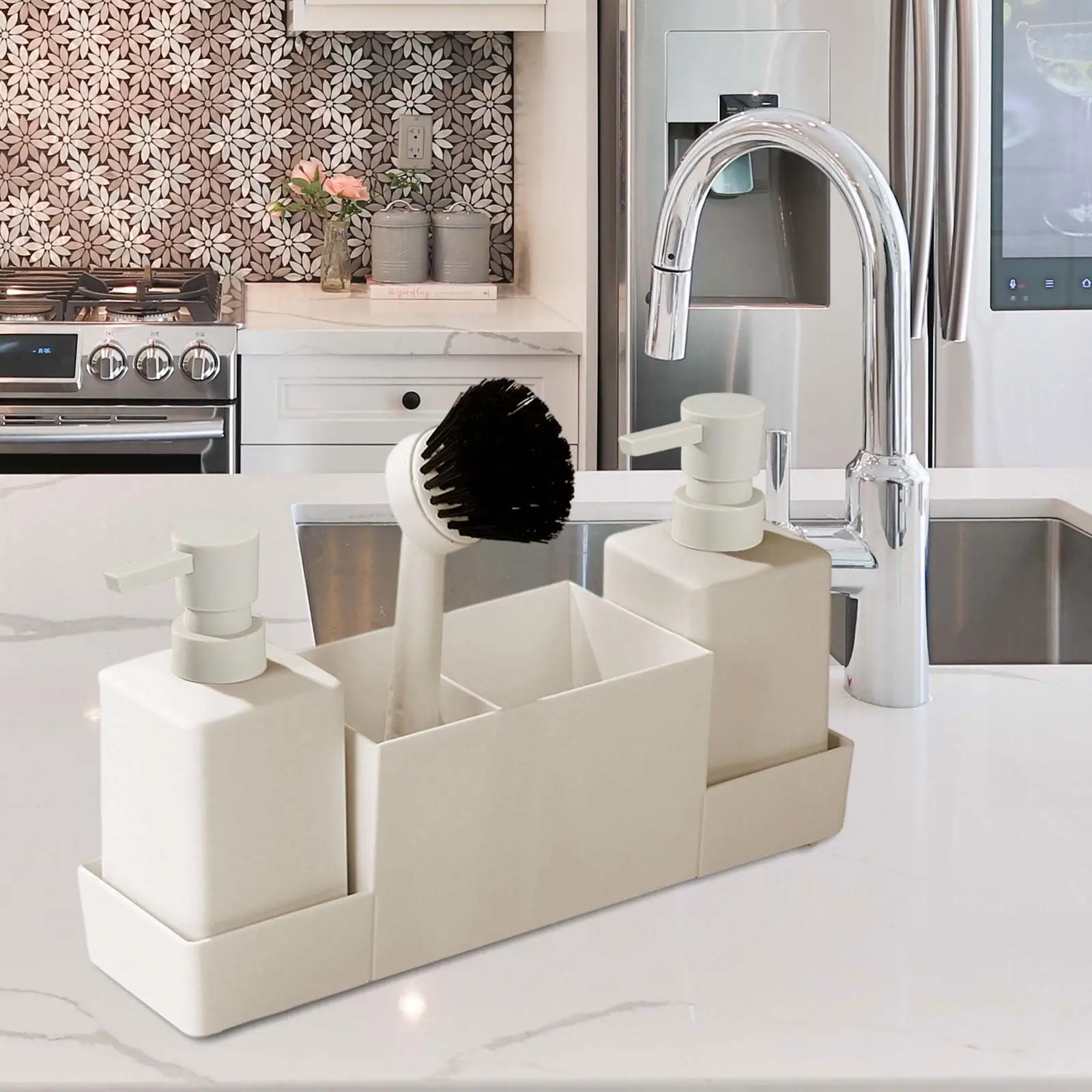 4x Soap Bottle Storage Tray Brush Set Pump bottle Soap Dispenser with Sponge Holder for Home Sink Kitchen Hotel