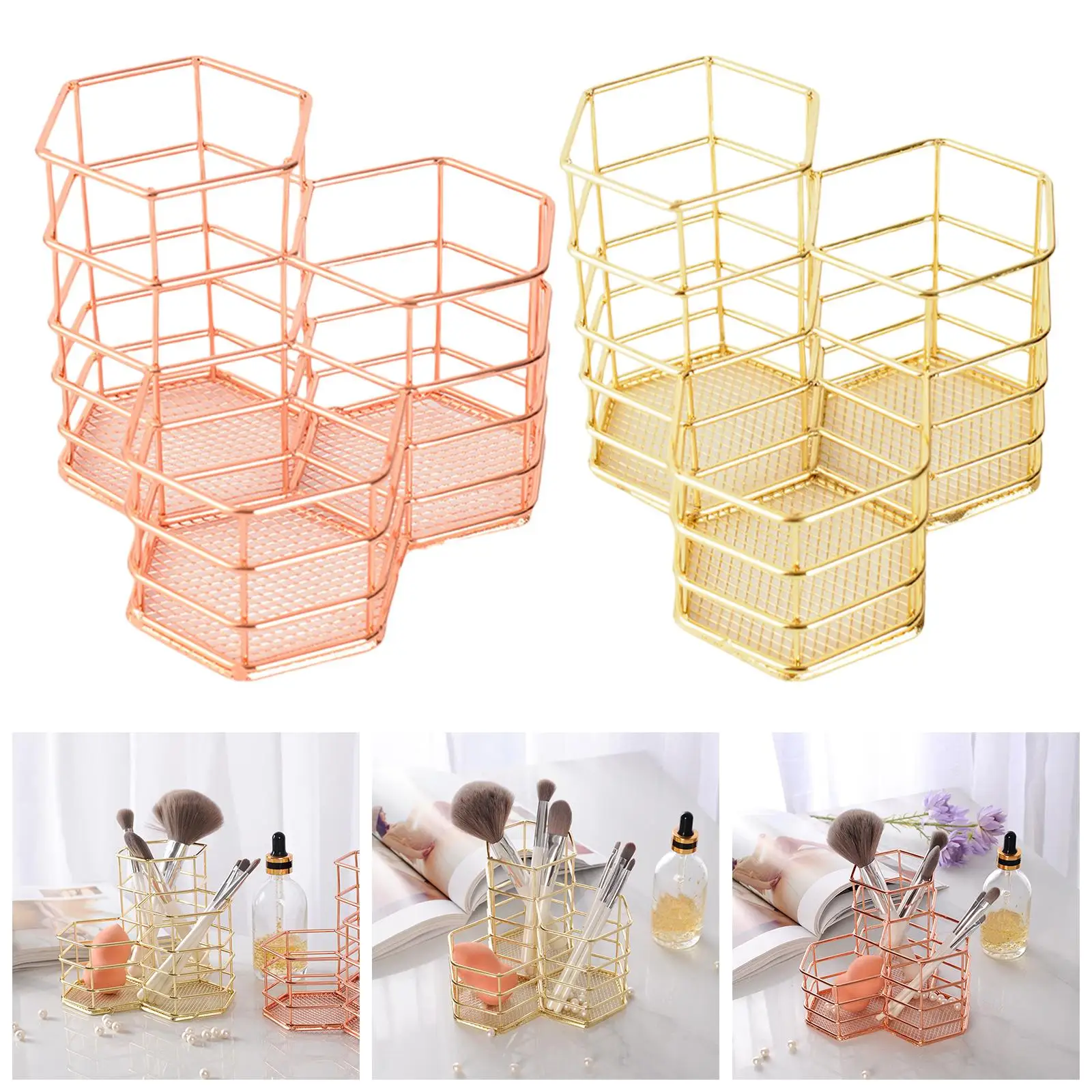 Stainless Steel Pencil Holder Organizer 3 in 1 Hollow Out Brush Holder Storage Basket for Dresser Bedroom Drawer Stationery Home