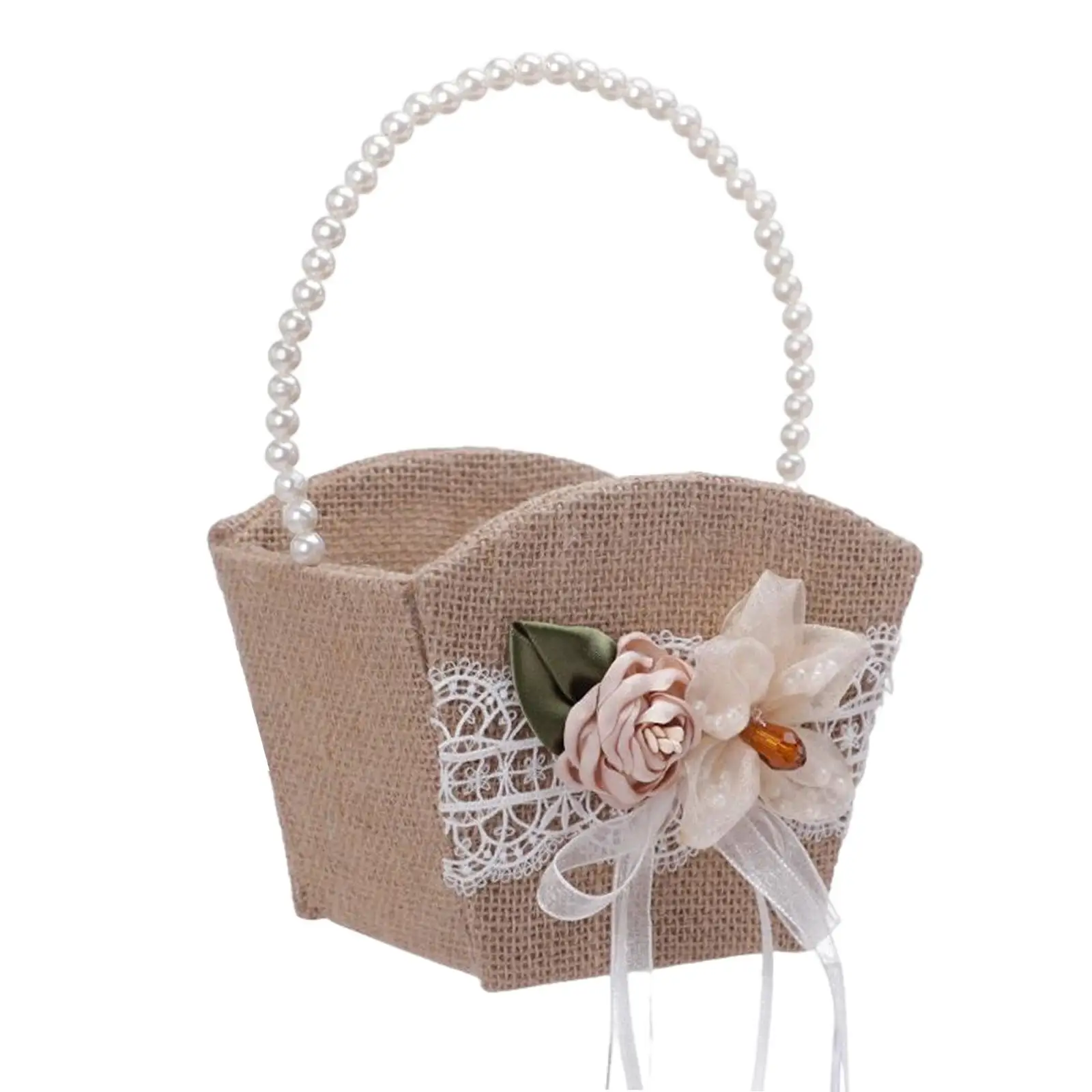 Burlap Flower Basket pearl Handle , Lace Satin Rustic Ribbon for Wedding Ceremony Home Parties