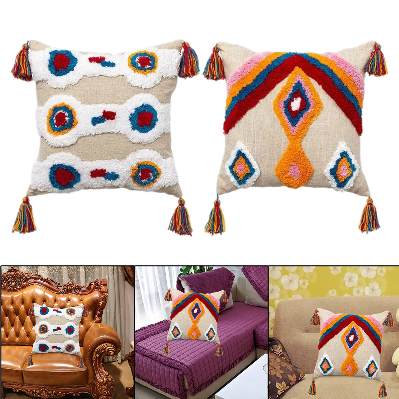 2x Boho Pillow Cover Throw Pillow Case Tassels Cotton Woven Sofa Couch Decor