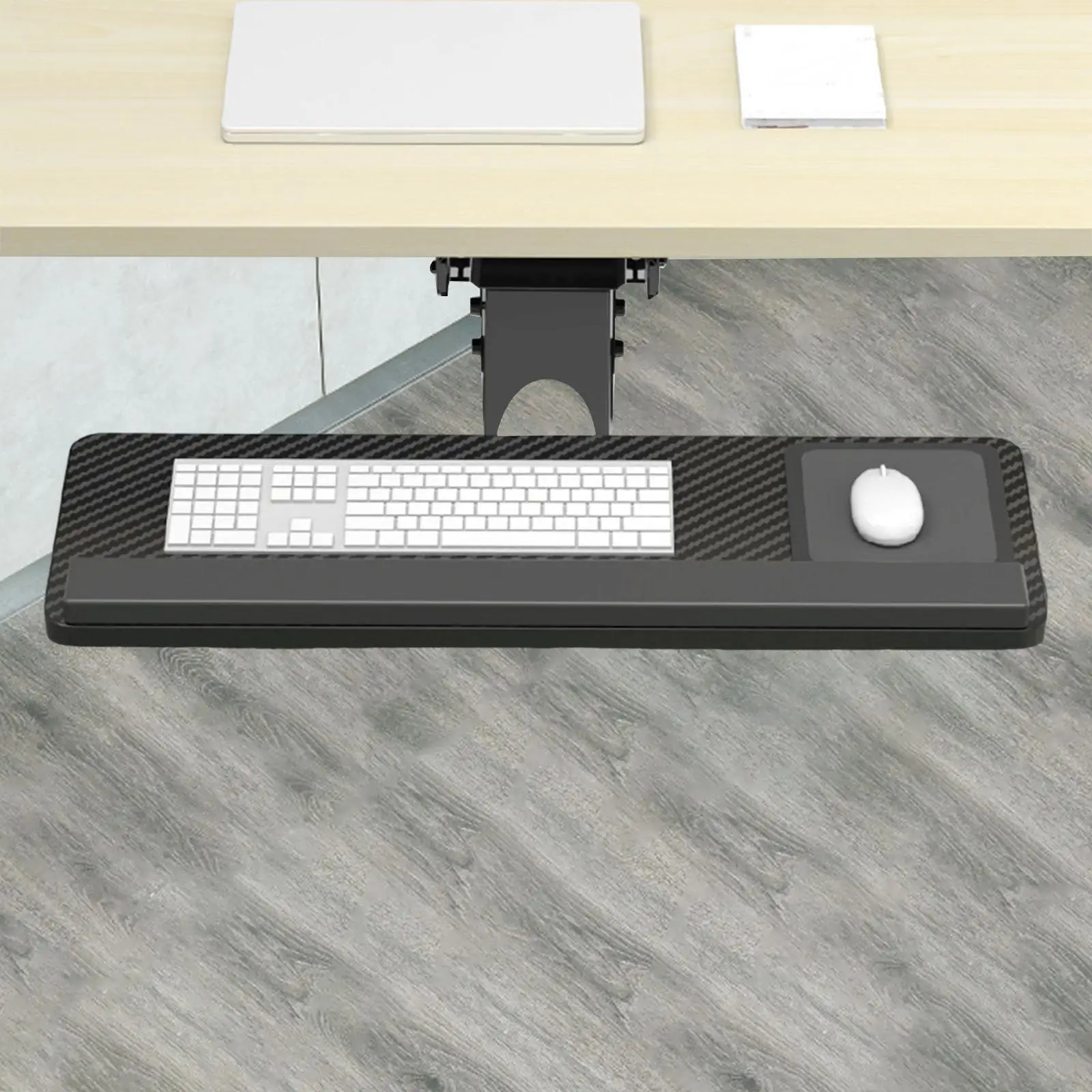 Slide Out Black Under Desk Keyboard Tray Shelf with Mounting Hardware Rotatable Ergonomic Adjustable Platform for Gaming Typing