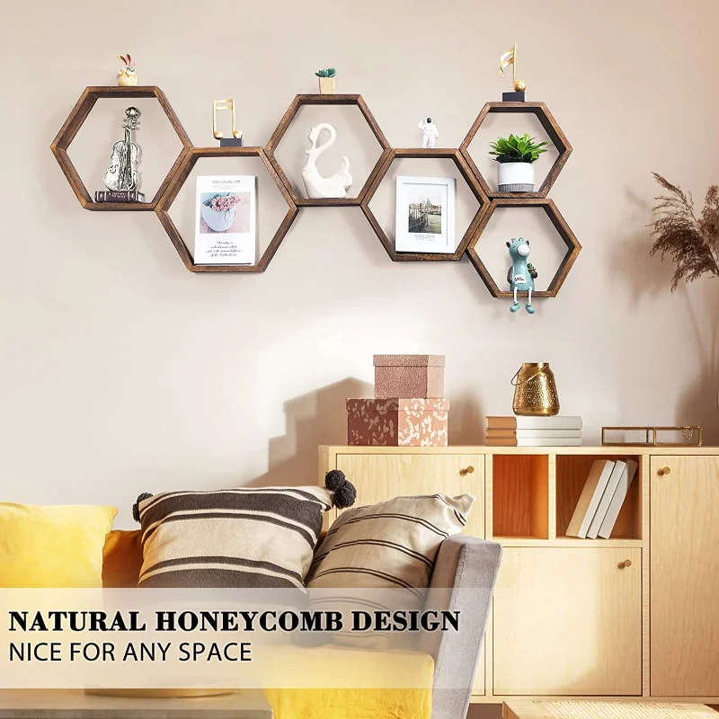Hexagon Floating Shelves Set of 6 Honeycomb Shelves for Wall, Brown plant stands  flower stand