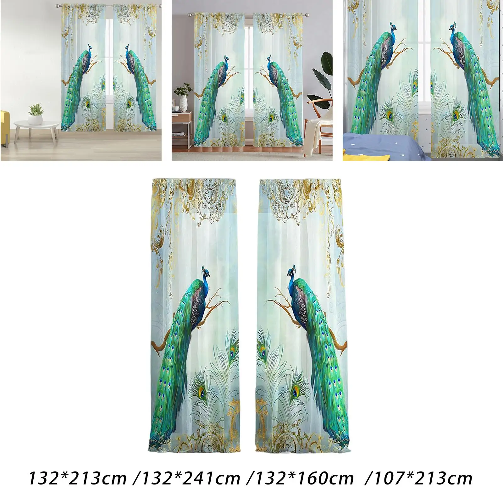 2x Peacock Blue Tulle Curtains Window Treatment Drapes for Dining Room Window Bedroom