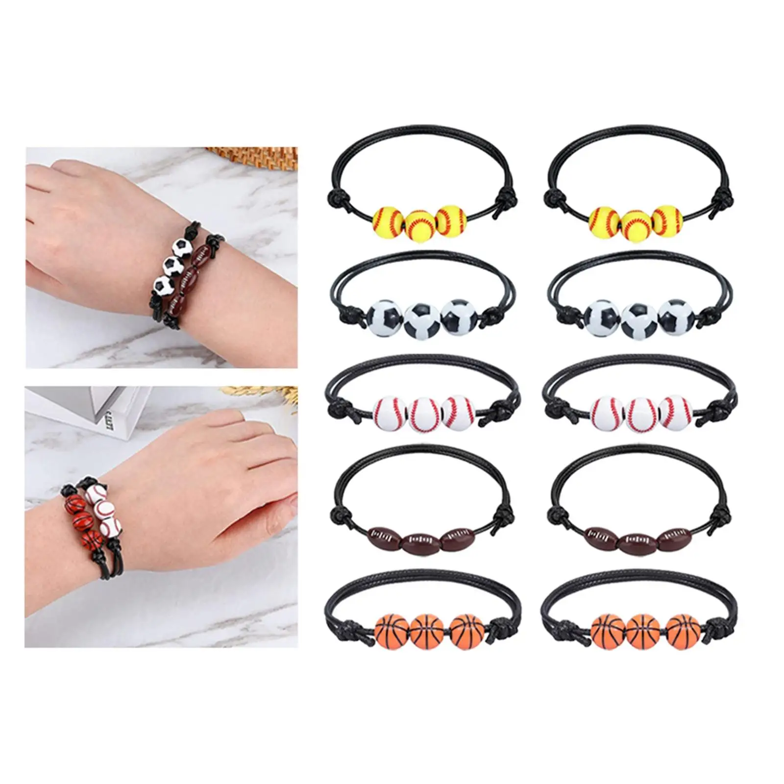 10 Pieces Braided Bracelets Adjustable Braided Wristband Baseball Ball Charms for Men Women Athletes