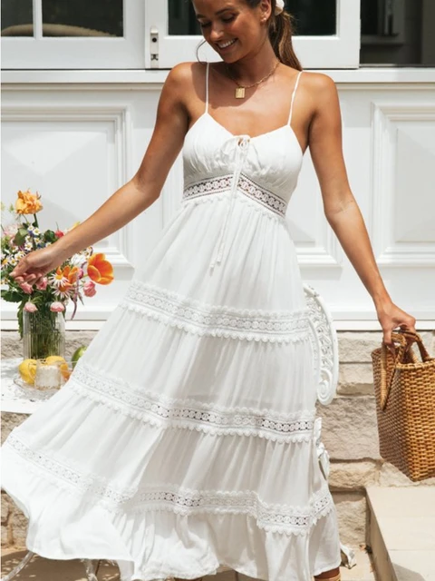 Halter Top White Dress|summer Bohemian Maxi Dress - Sleeveless Spaghetti  Strap Floral Lace Splice