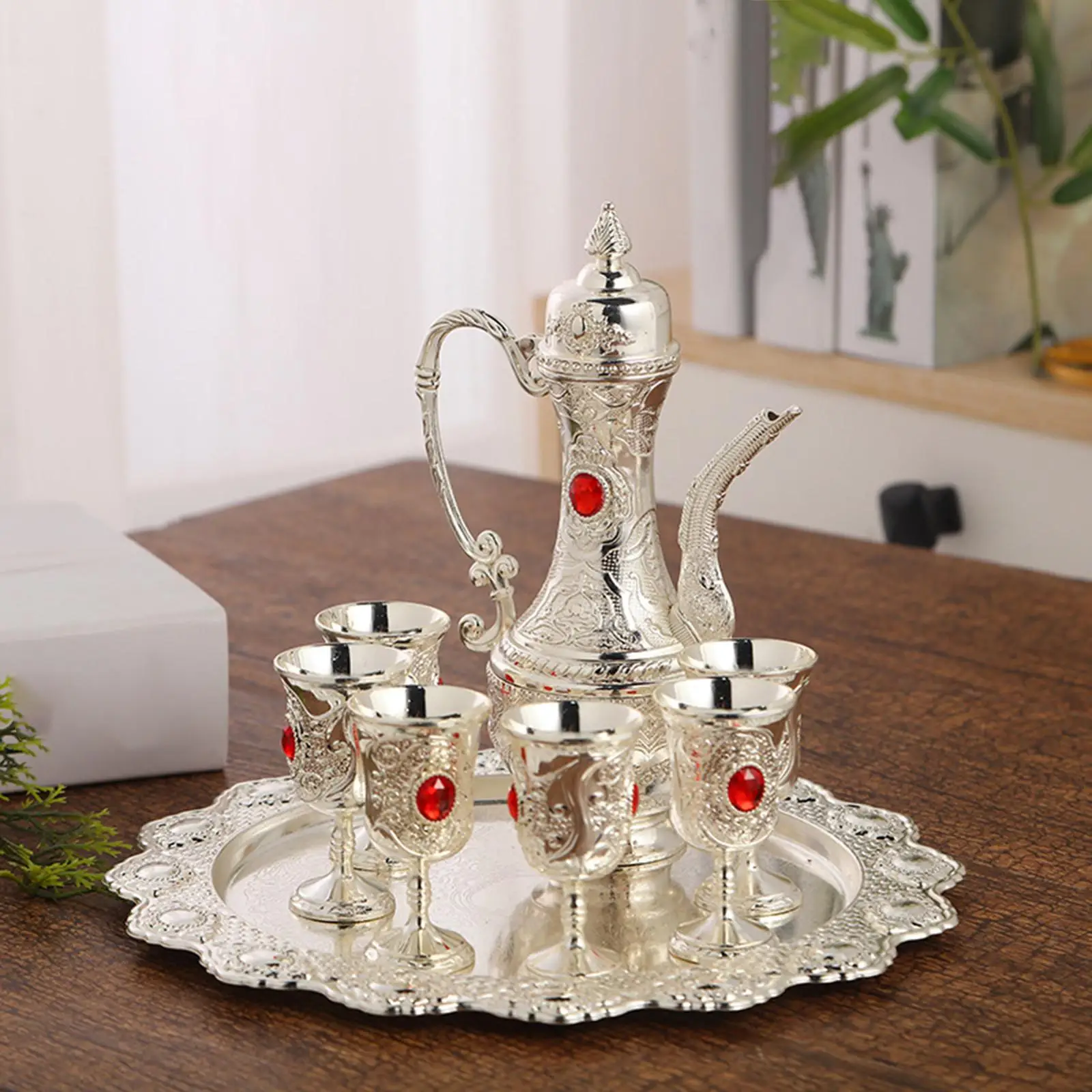 6x Europe Russian Style Wine Drinking Cups Hip Flask Set with Tray Drinking Cups Wine Glass Jug Set for Holiday Table Decoration
