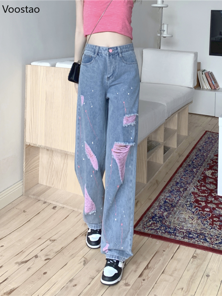 Vintage Streetwear Y2k Ripped Jeans Women Casual Loose High Waist Straight  Denim Pants Korean Female Sweet Wide Leg Trousers