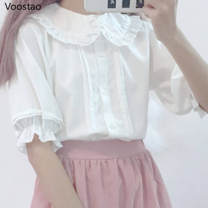 Branco lolita camisa kawaii peter pan colarinho