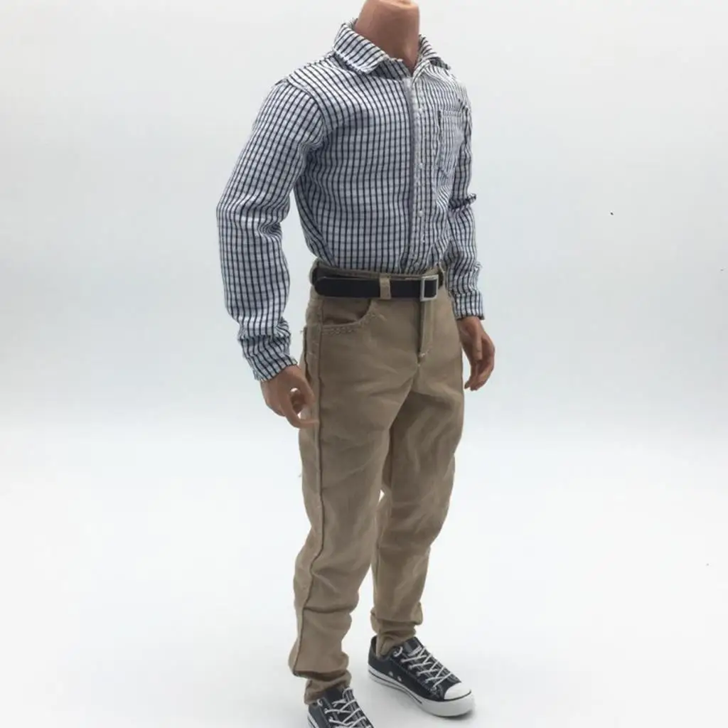 MagiDeal 1/6 Male Gray Plaid Shirt Khaki Pants W/ Belt for 12`` /Kumik