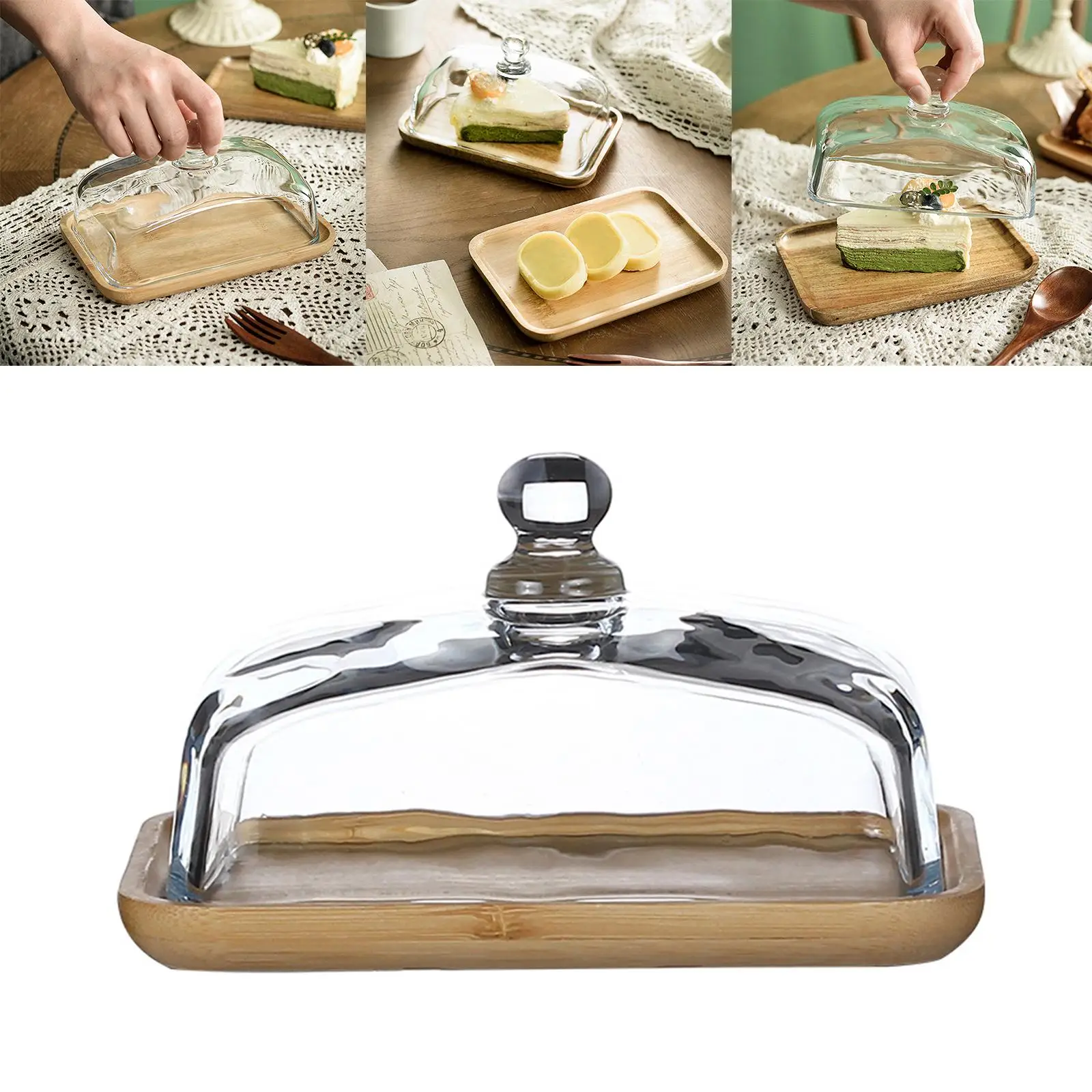 Cake  Cover, Visible Transparent Cookie Platter Display Holder Thickened Dust Proof Wood Serving Tray for Dining Table 