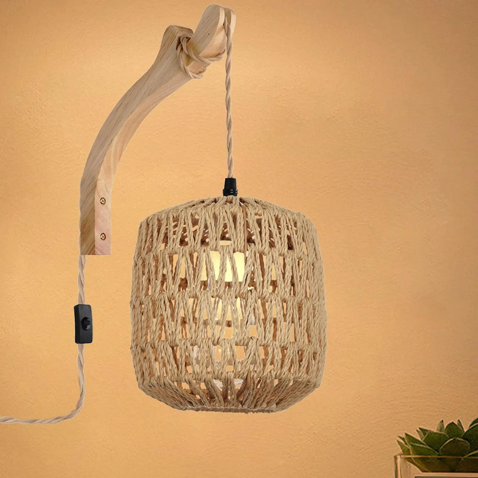 Wall Sconce Adjustable Cord Handwoven Lampshade Rustic Wall Lamp with Wood Arm for Dining Room Bedroom Bedside Kitchen Decor