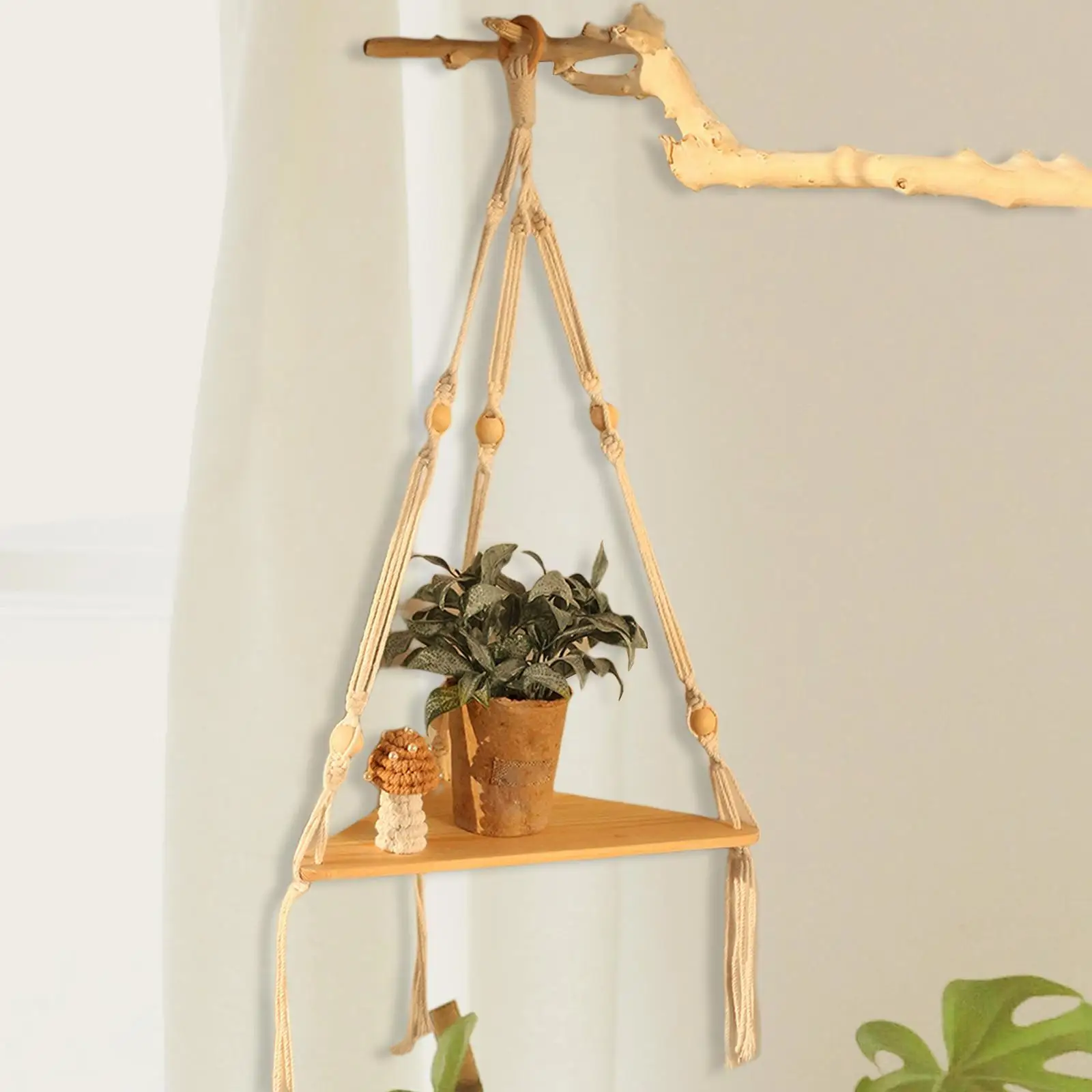 Macrame Hanging Shelf Hand Woven Rack Handmade Triangular Floating Shelf Wood
