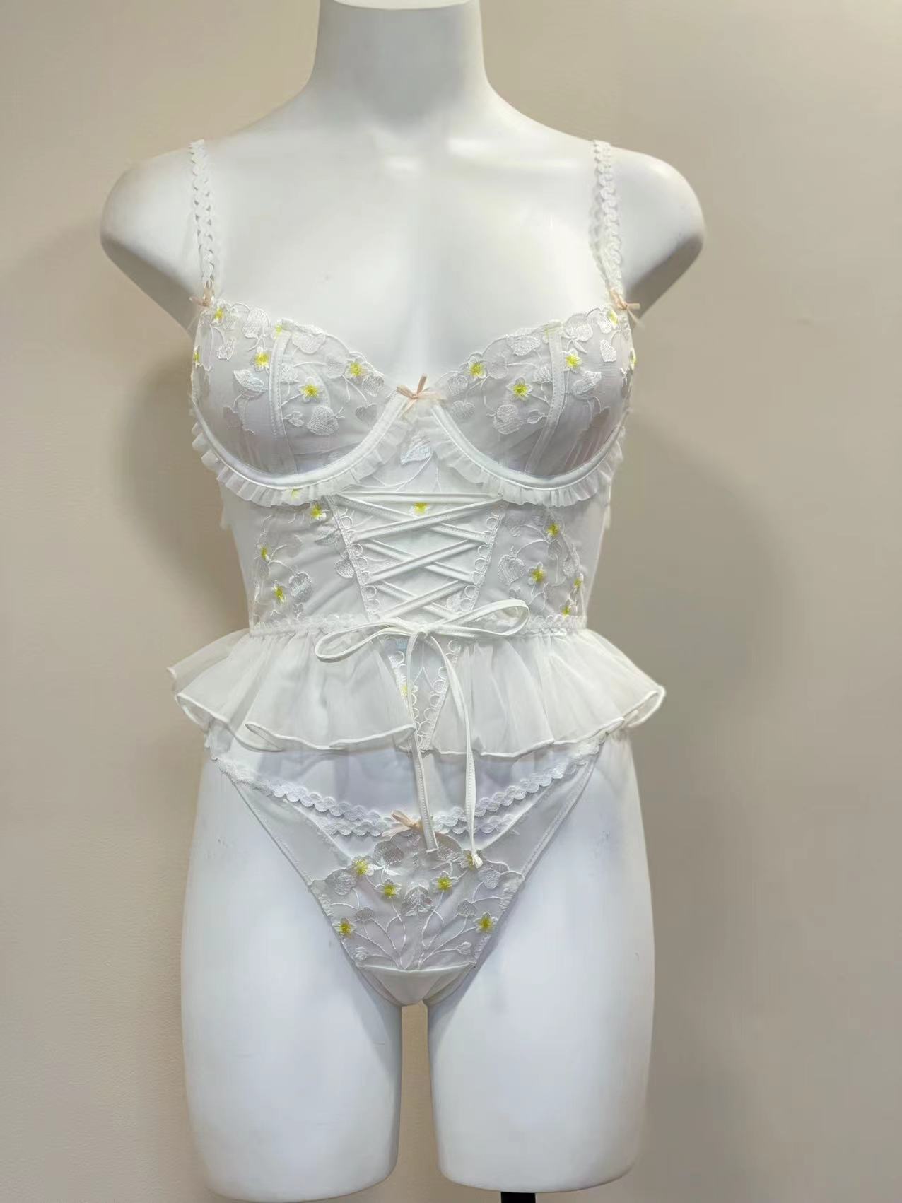 Neue Spitze Fishbone BH und Höschen Set Blumen Dessous sexy Bra lette Frauen Unterwäsche weibliche dünne Baumwolle Tasse Push-up durchsichtigen BH – Detail 1