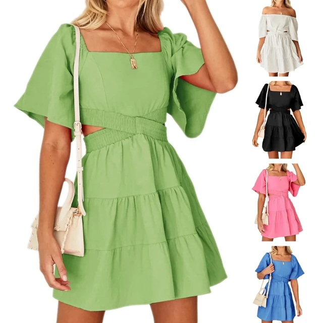 Bell-bottomed Sleeve Dress Solid Color High Waist Skirt Casual