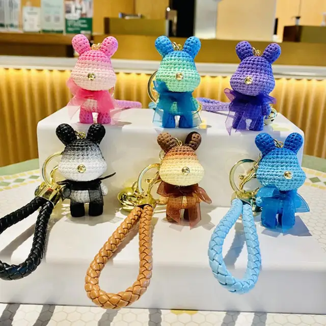 Cartoon Gradient Purple Resin Wool Rabbit Doll Keychain Delicate Gauze Bow  Tie Bunny Animal Keyring Couple Bag Key Chain Pendant