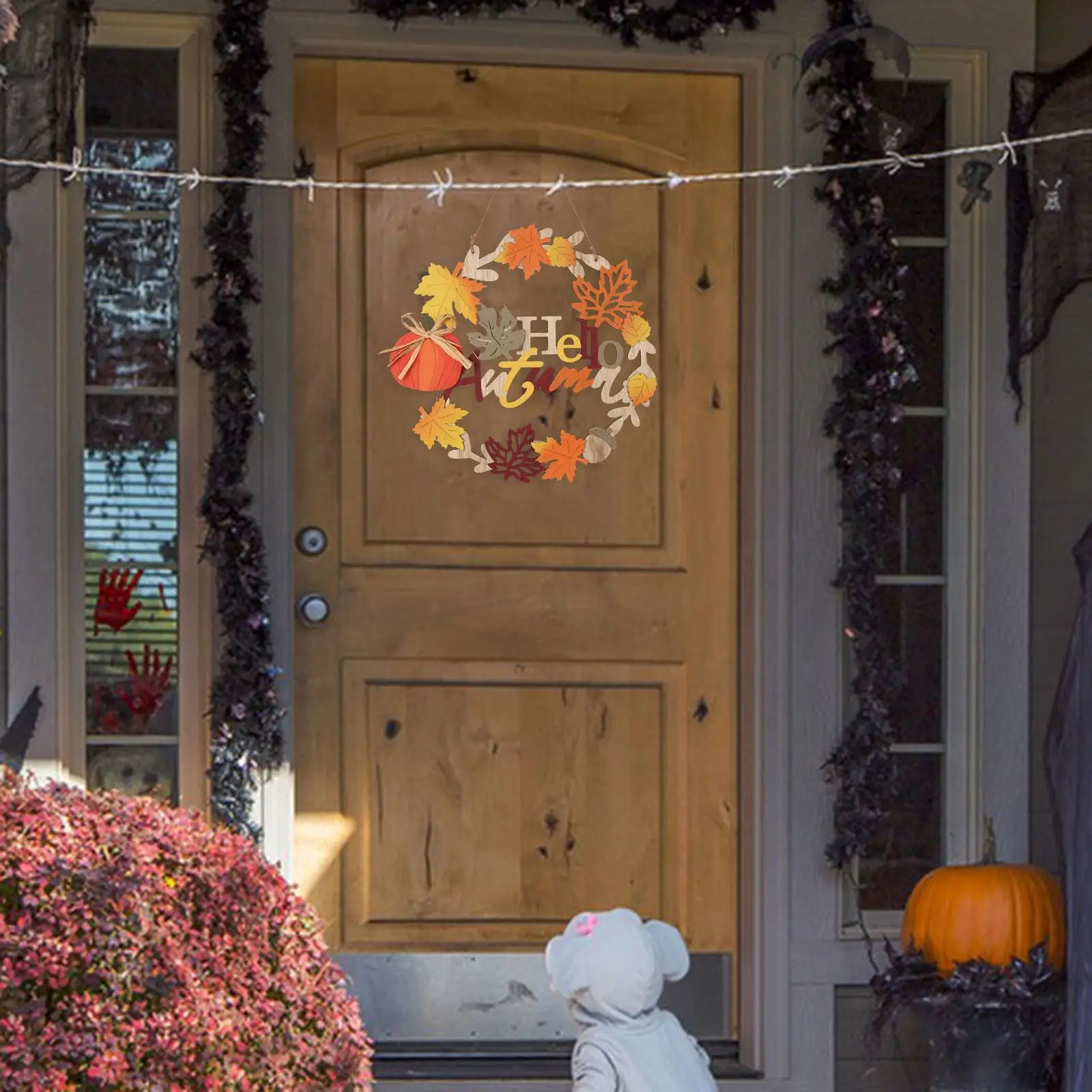 12inch Front Door Wooden Autumn Pumpkin Wreath Realistic Durable Versatile Hanging Ornament Welcome Sign for Fireplaces Decor