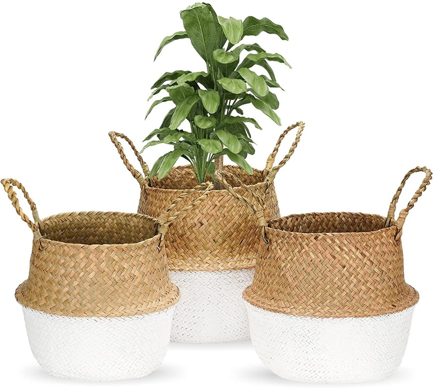 e mercearia, Folding Rattan Straw, Seagrass Belly Flower Pot Holder, Home Decor