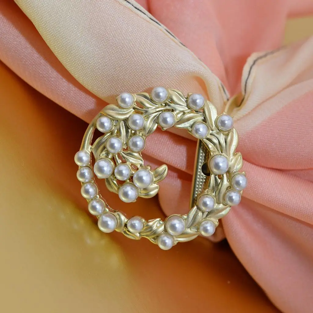Women` Faux Pearl Brooch Pin  Silk Ribbons Buckle Alloy Scarf Holder