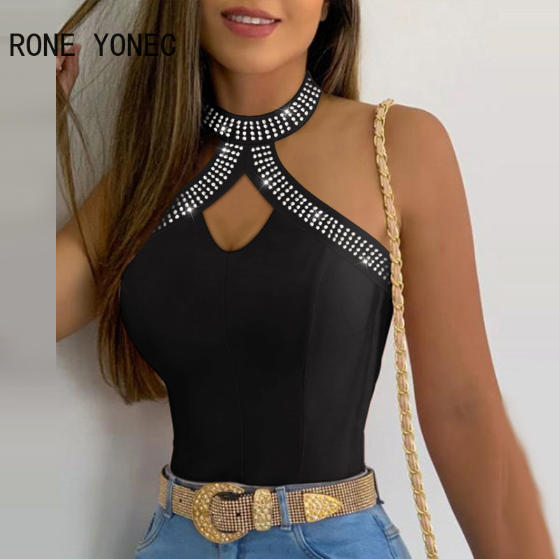 sem mangas strass decoração verão casual sexy camis colheita topos