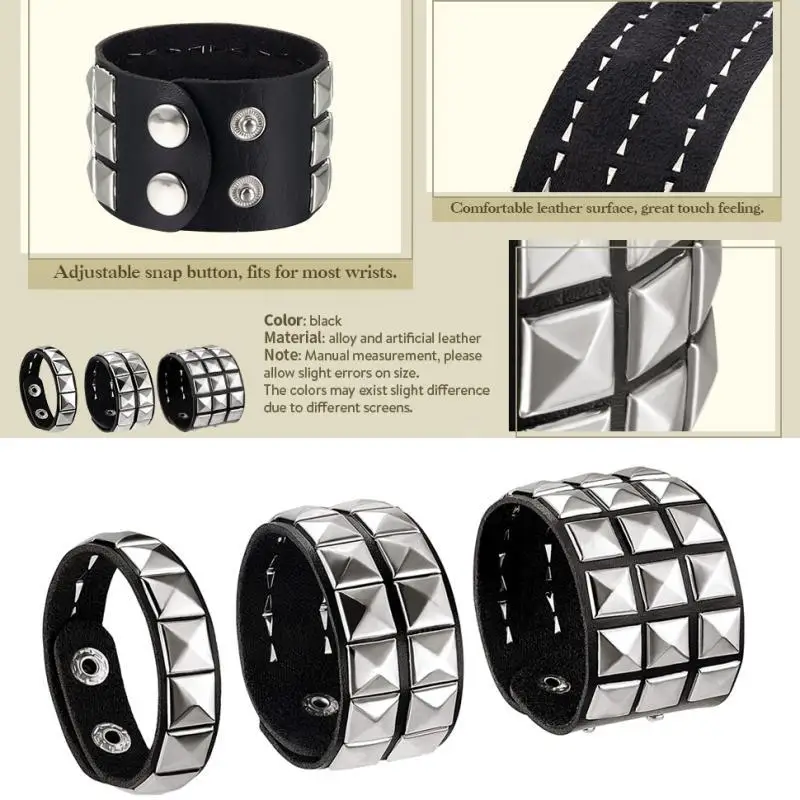 3 Pieces PU Studded Punk Bracelets Armband Unisex Gothic Fashion Pyramid Wristband for Party Gift Proms Rock Costumes Jewelry